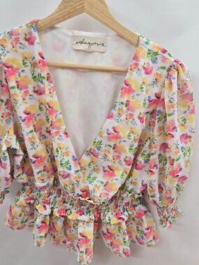 Wishing Waves Floral Smocked Plunging V-Neck Cropped Peplum Blouse Size Medium